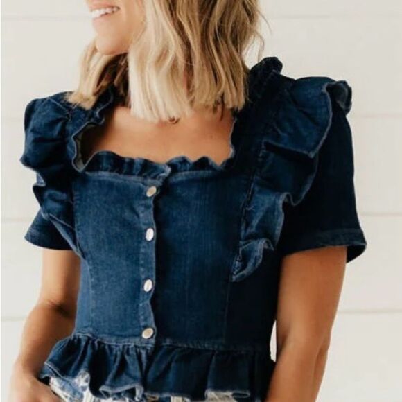 Story On Ruffled Denim CropTop Size L NWT - Picture 1 of 15